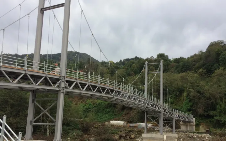 Dere üzerinde çelik kuleleri, taşıyıcı halatları ve kafes tabliyesiyle tamamlanmış asma yaya köprüsü